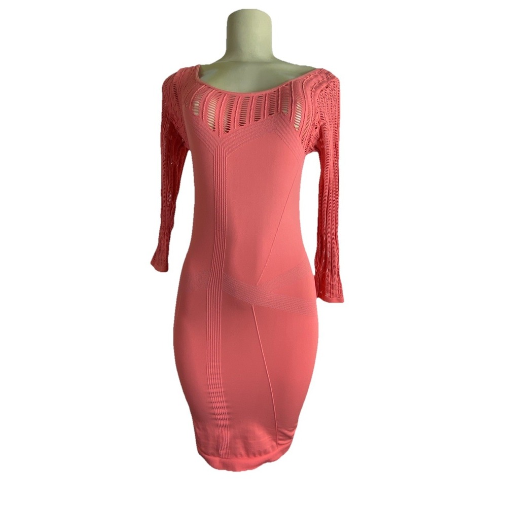 Bebe‎ Coral Pink Long Sleeve Bodycon Dress M/L Sexy Stretch Tight Y2K Eighties